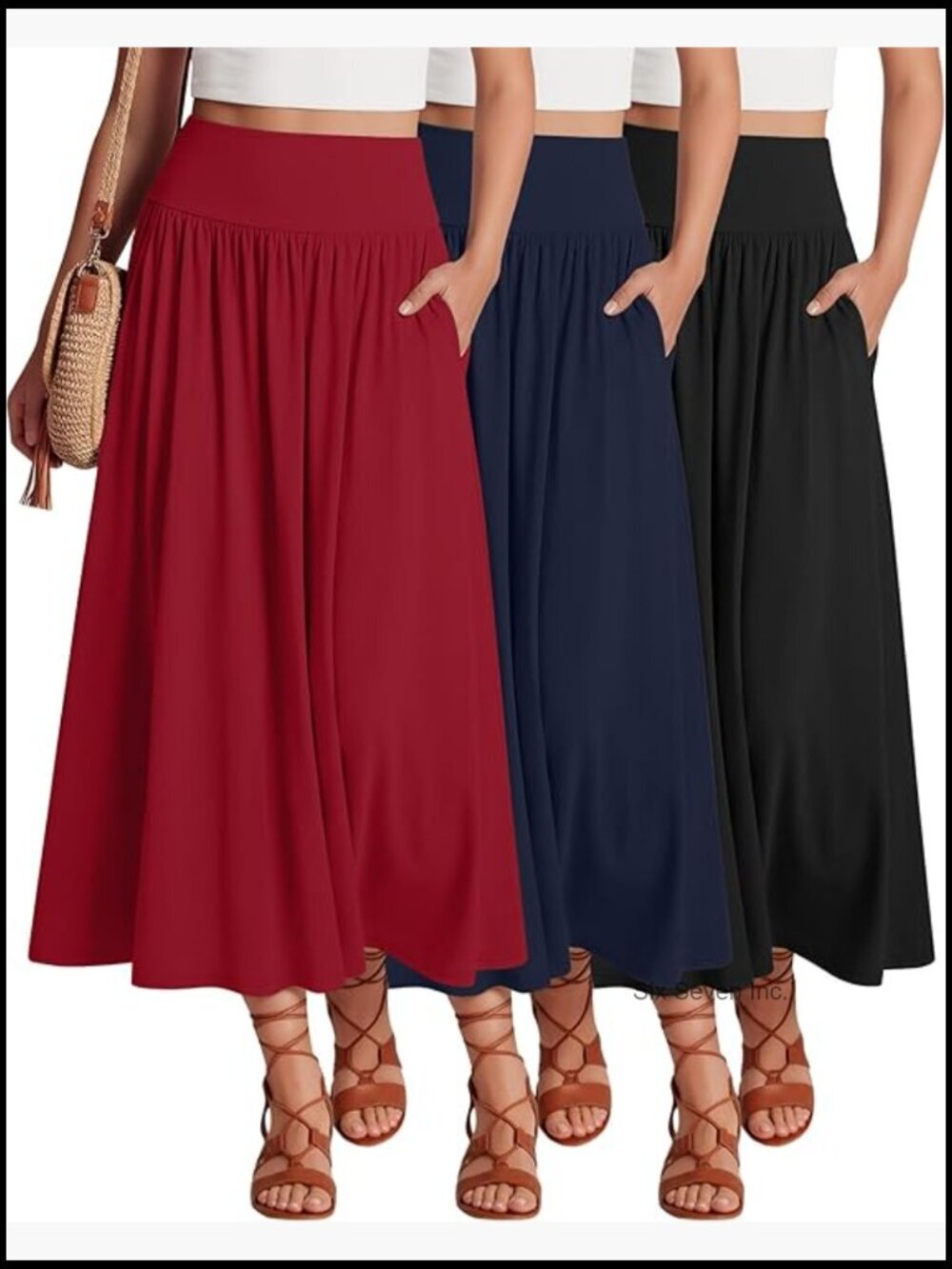 3 Pack Maxi Long Skirts Ankle Length High Waisted Pleated Flowy A Line with